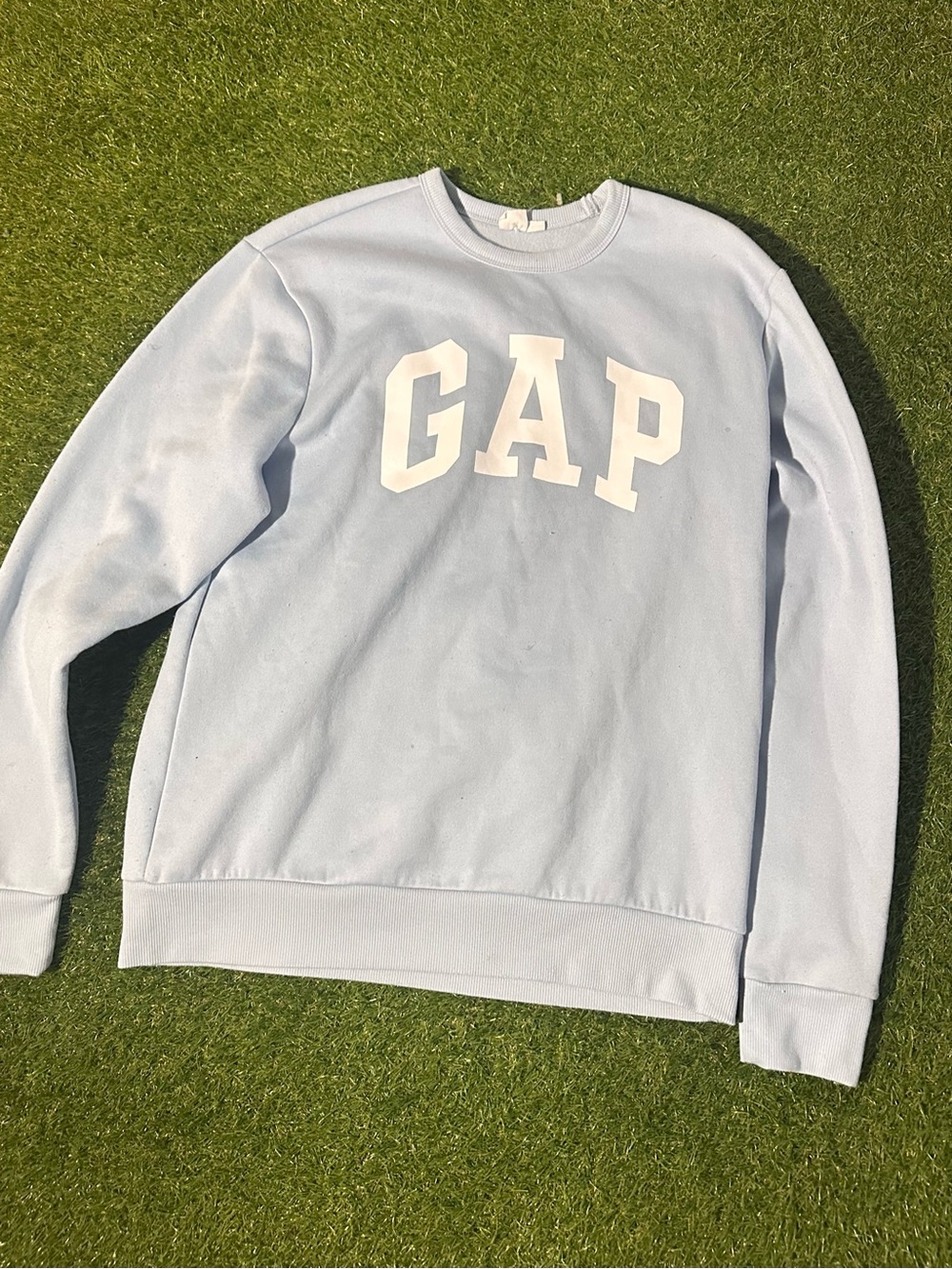 GAP Men's Pastel Blue Crewneck Sweatshirt with White Logo